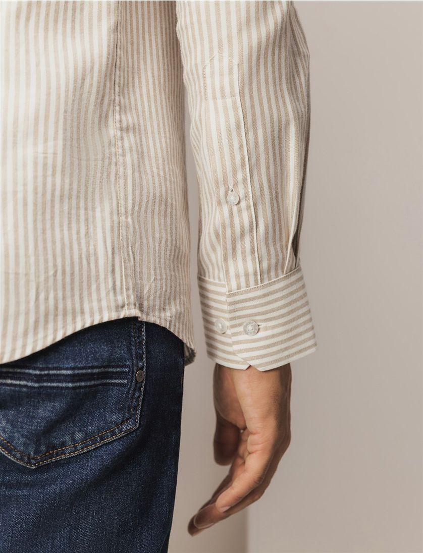 State of Art overhemd beige gestreept semi-wide collar