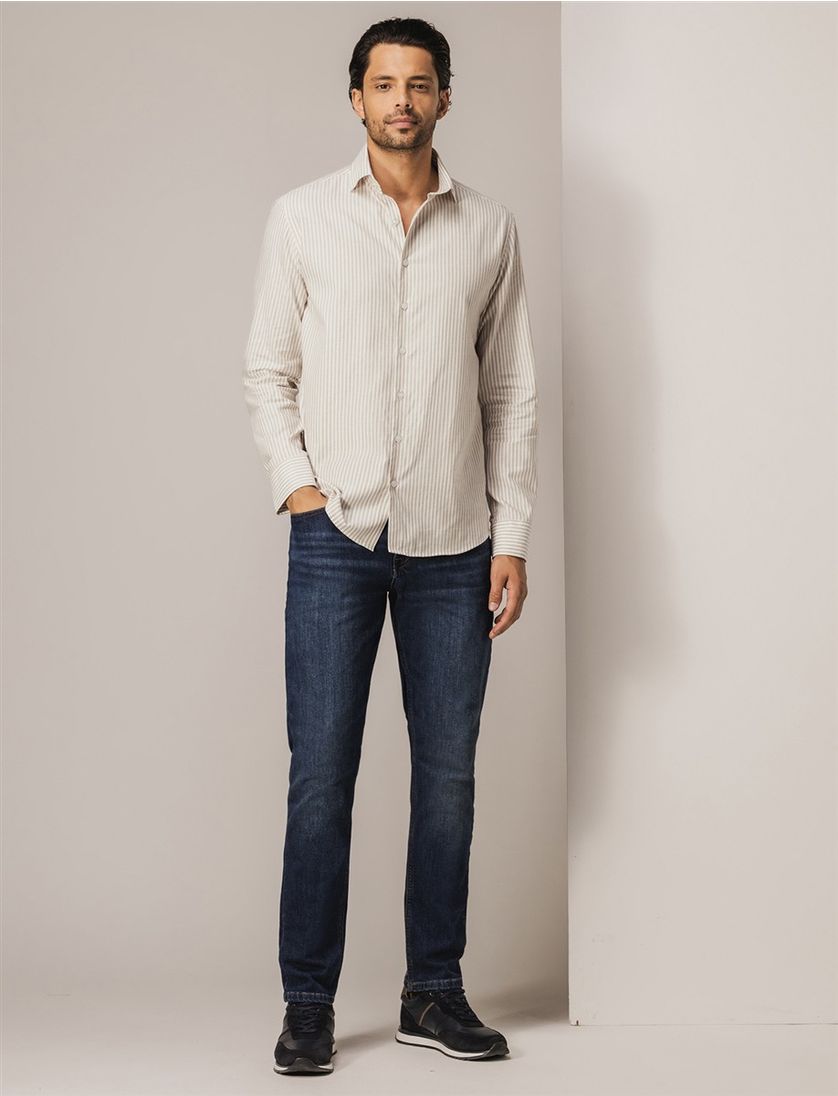 State of Art overhemd beige gestreept semi-wide collar