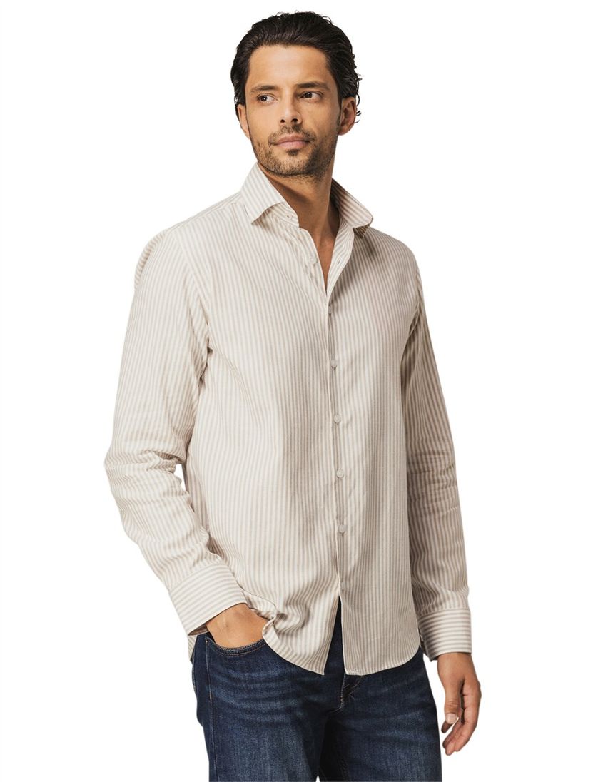 State of Art overhemd beige gestreept semi-wide collar