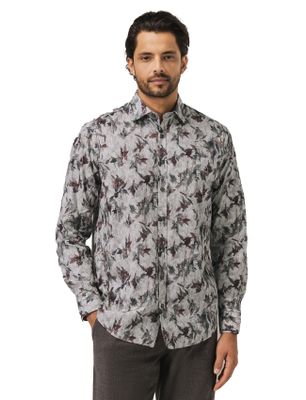 State of Art State of Art overhemd wijde fit grijs geprint bladeren katoen