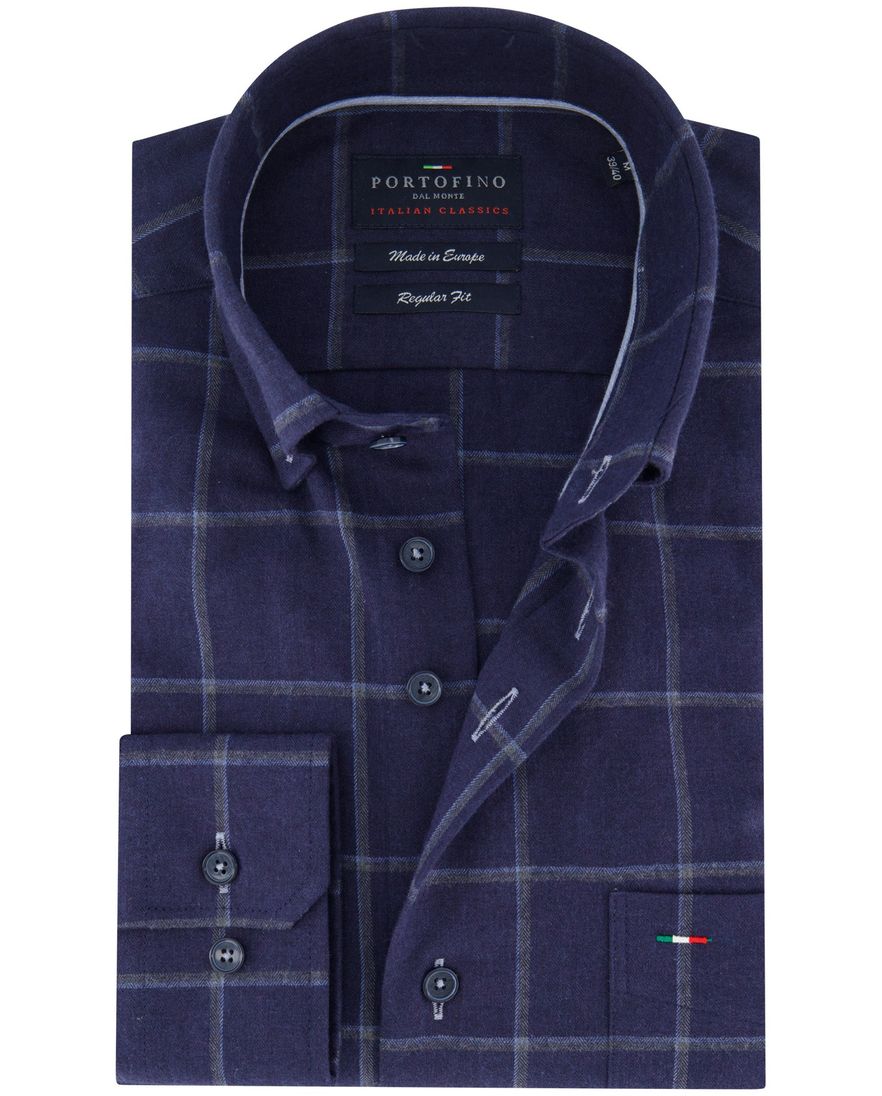 Portofino regular fit casual overhemd donkerblauw flannel geruit