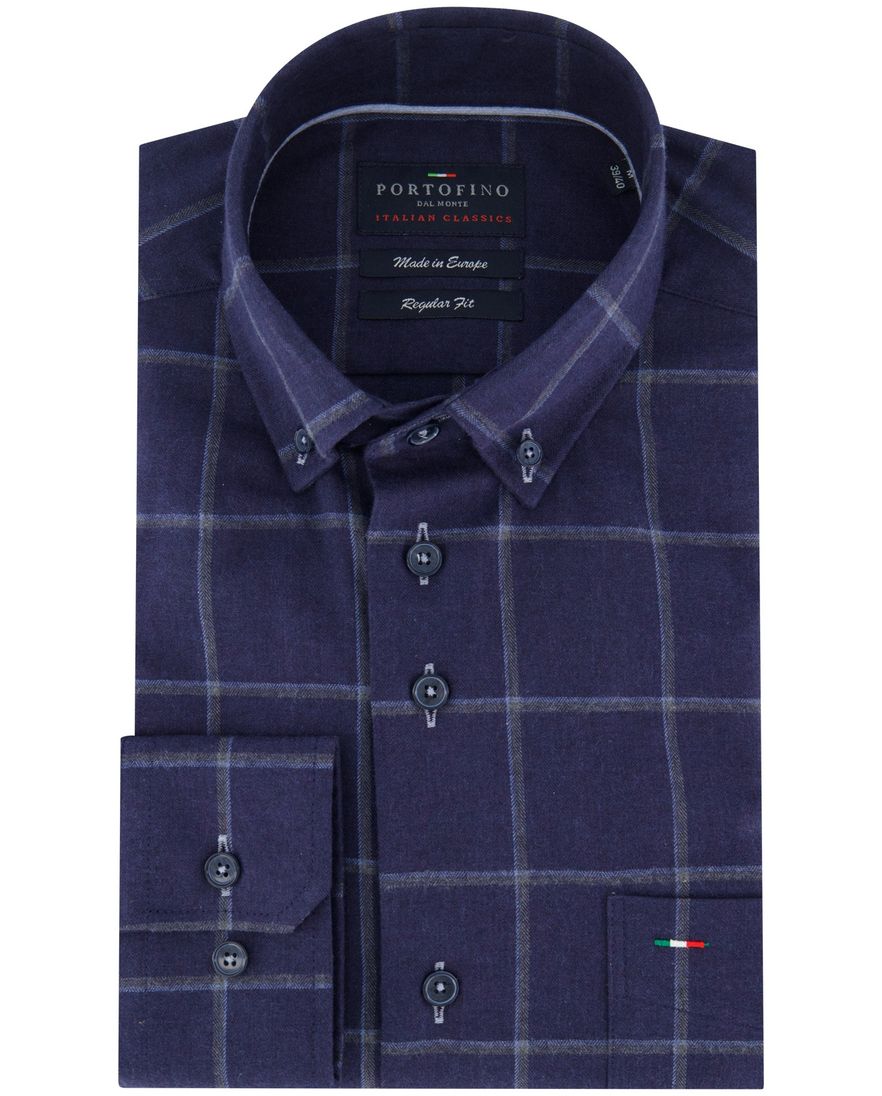 Portofino regular fit casual overhemd donkerblauw flannel geruit