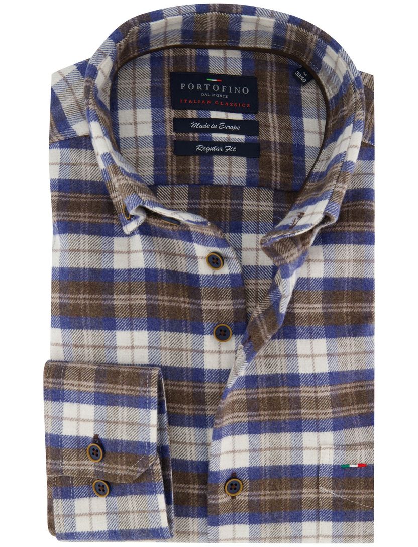 Portofino regular fit geruit overhemd bruin blauw katoen