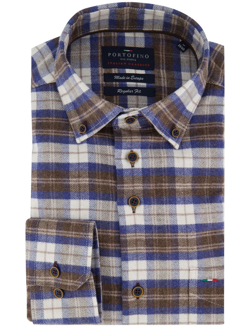 Portofino regular fit geruit overhemd bruin blauw katoen
