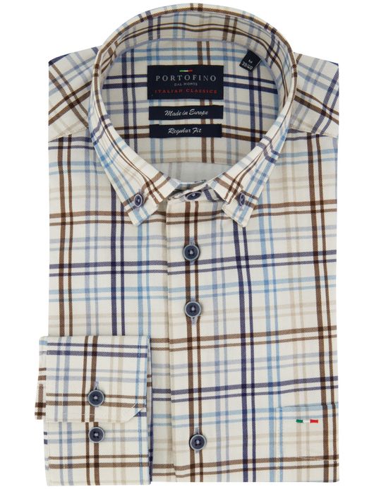 Portofino Regular Fit overhemd katoen geruit bruin