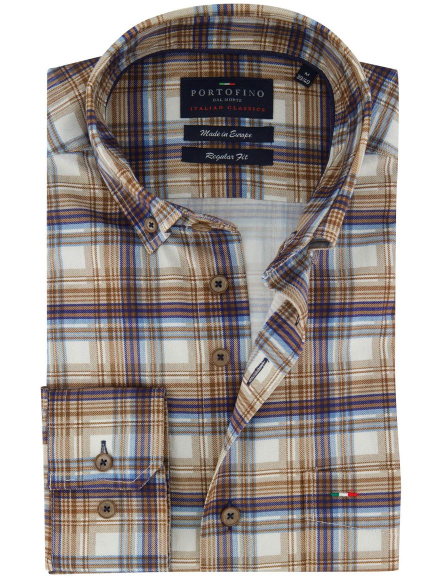 Bruin regular fit Portofino overhemd bruin geruit