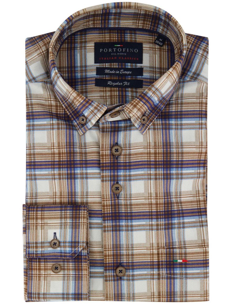 Bruin regular fit Portofino overhemd bruin geruit
