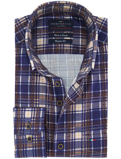 Portofino Bruin blauw geruit overhemd Portofino katoen