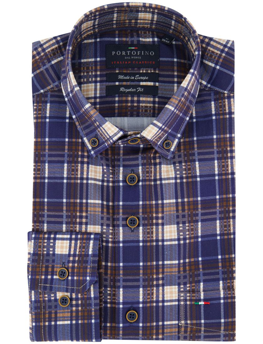 Bruin blauw geruit overhemd Portofino katoen