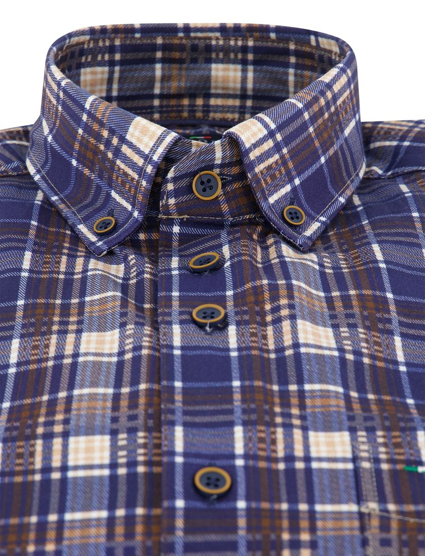 Bruin blauw geruit overhemd Portofino katoen
