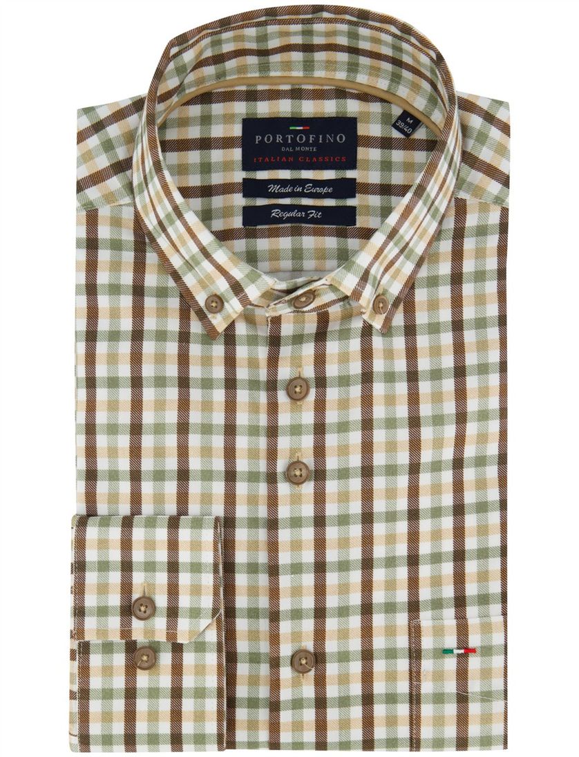 Bruin groen geruit Portofino overhemd normale fit katoen