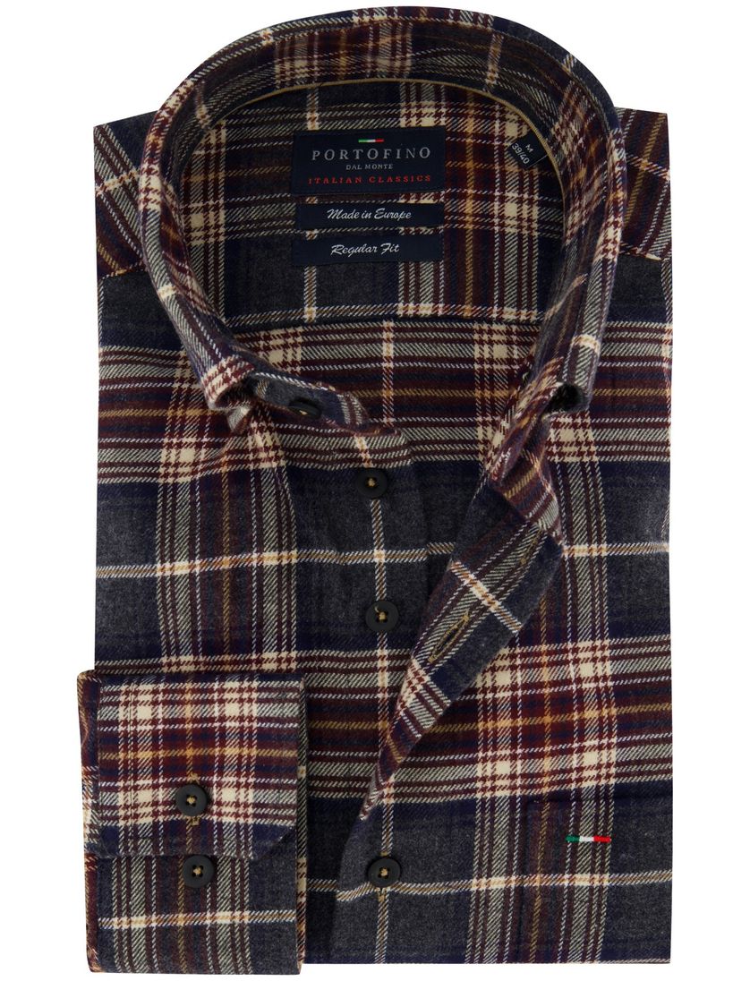 Grijs geruit overhemd flanel Portofino regular fit