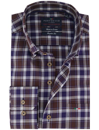 Portofino Normale fit overhemd Portofino bruin geruit katoen