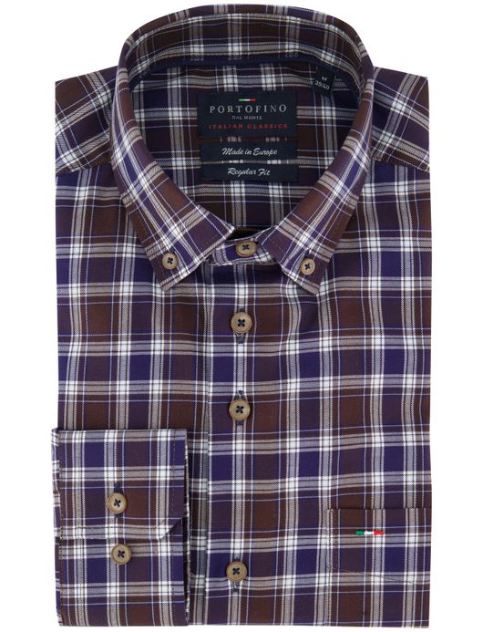 Portofino normale fit overhemd katoen geruit bruin