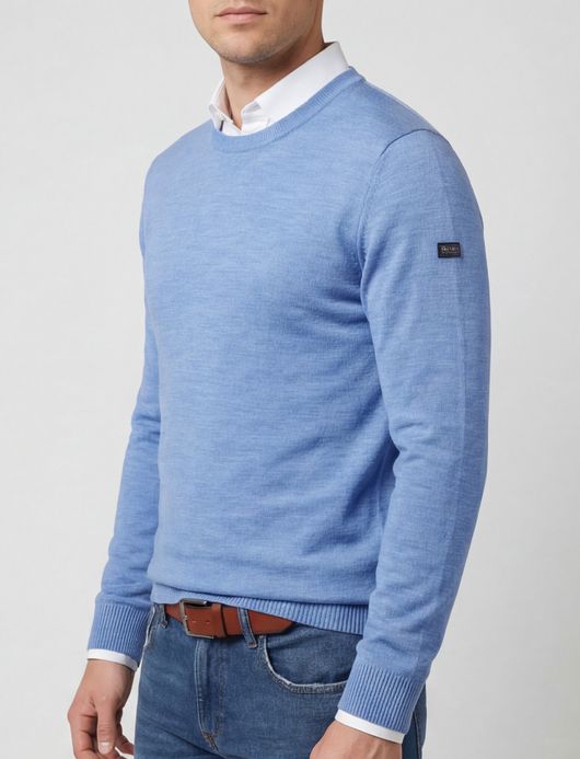Maerz Trui blauw gemeleerd wol ronde hals gemêleerd