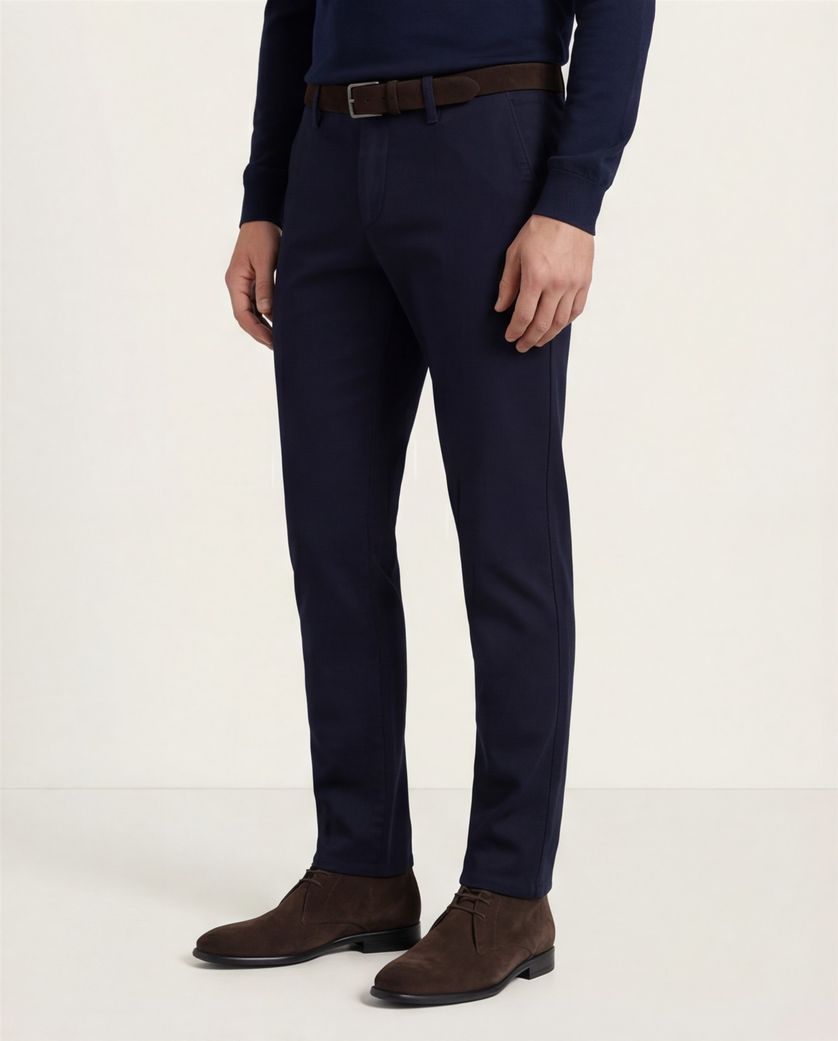 Broek effen donkerblauw slim fit katoen effen