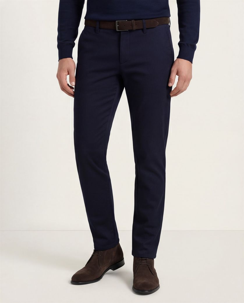 Broek effen donkerblauw slim fit katoen effen