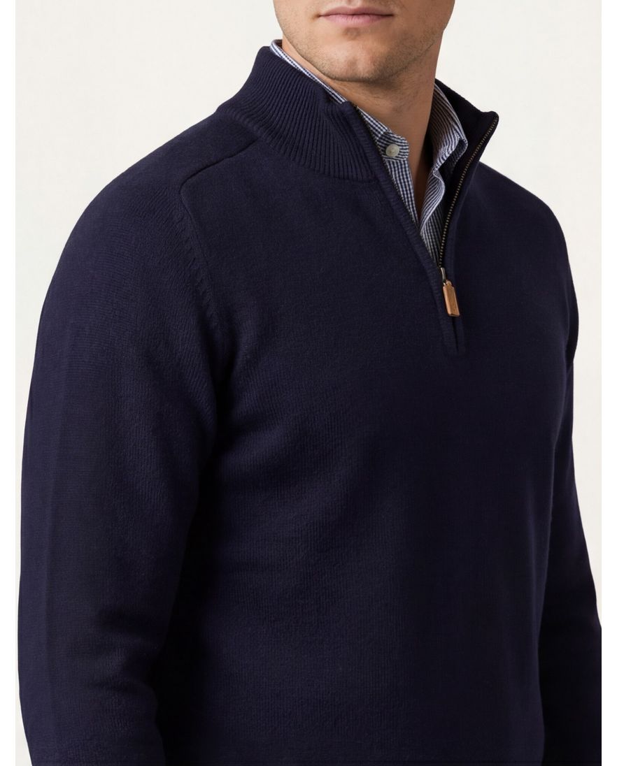 William Lockie trui half zip donkerblauw effen wijde fit lamswol