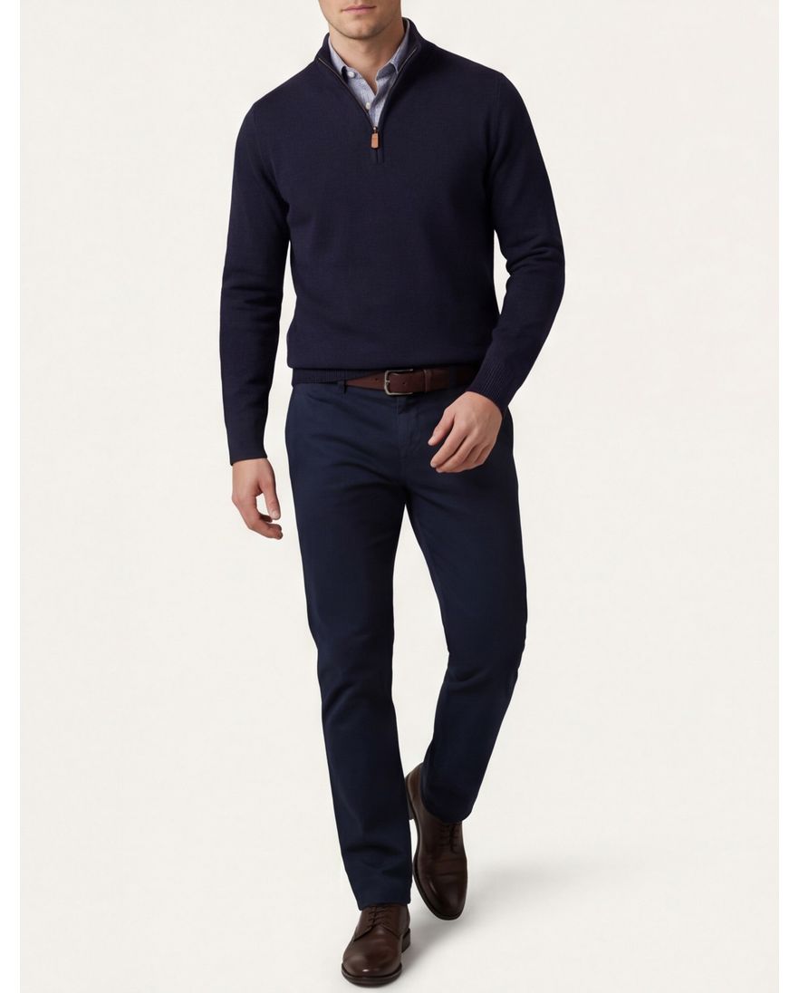 William Lockie trui half zip donkerblauw effen wijde fit lamswol