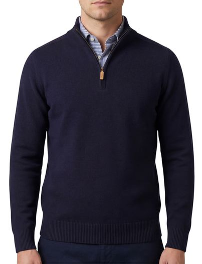 William Lockie William Lockie trui half zip donkerblauw effen wijde fit lamswol