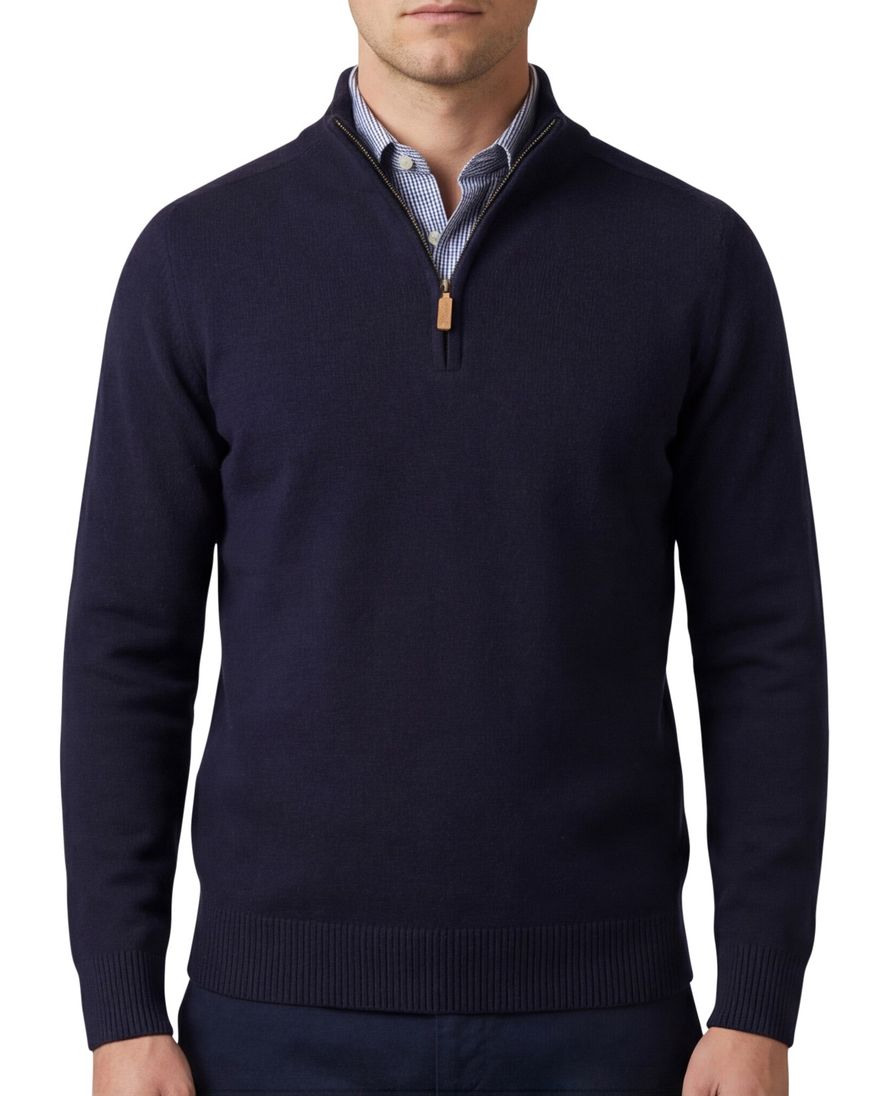 William Lockie trui half zip donkerblauw effen wijde fit lamswol