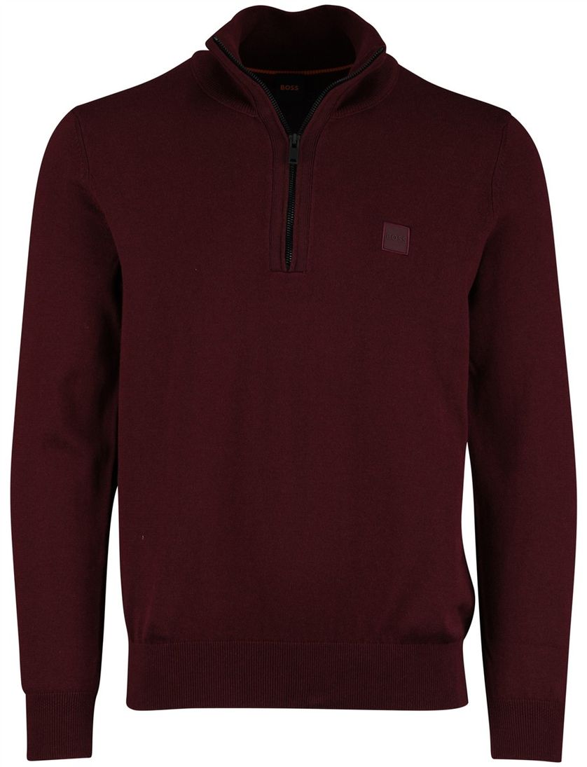 Boss Orange Trui effen bordeaux katoen Half zip