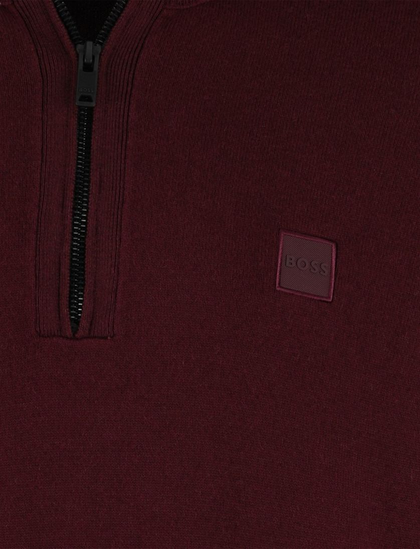Boss Orange Trui effen bordeaux katoen Half zip