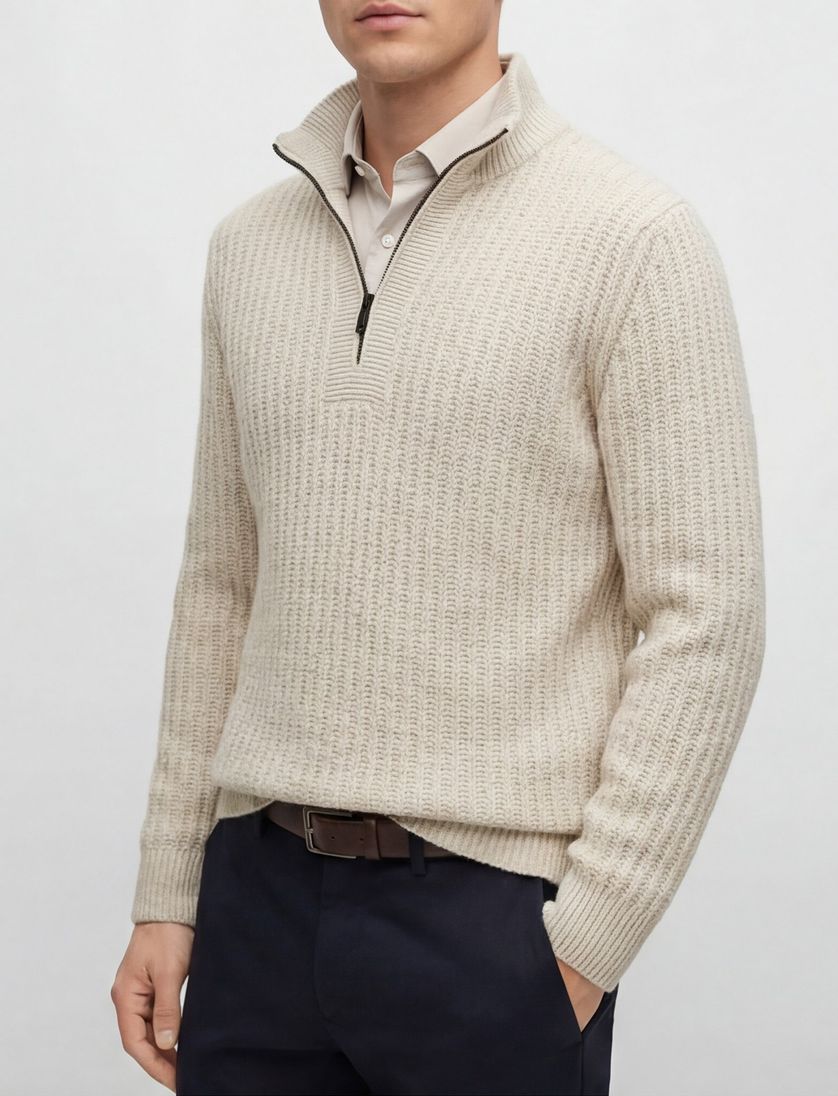 trui BOSS beige half zip wol