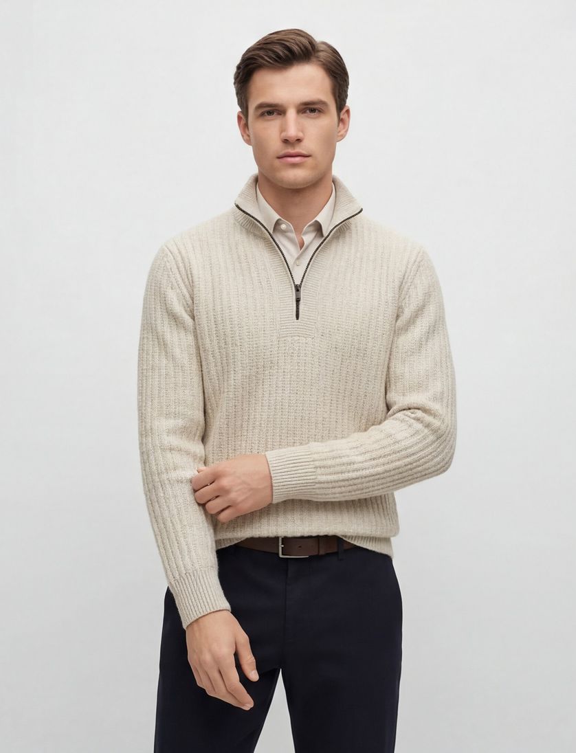trui BOSS beige half zip wol