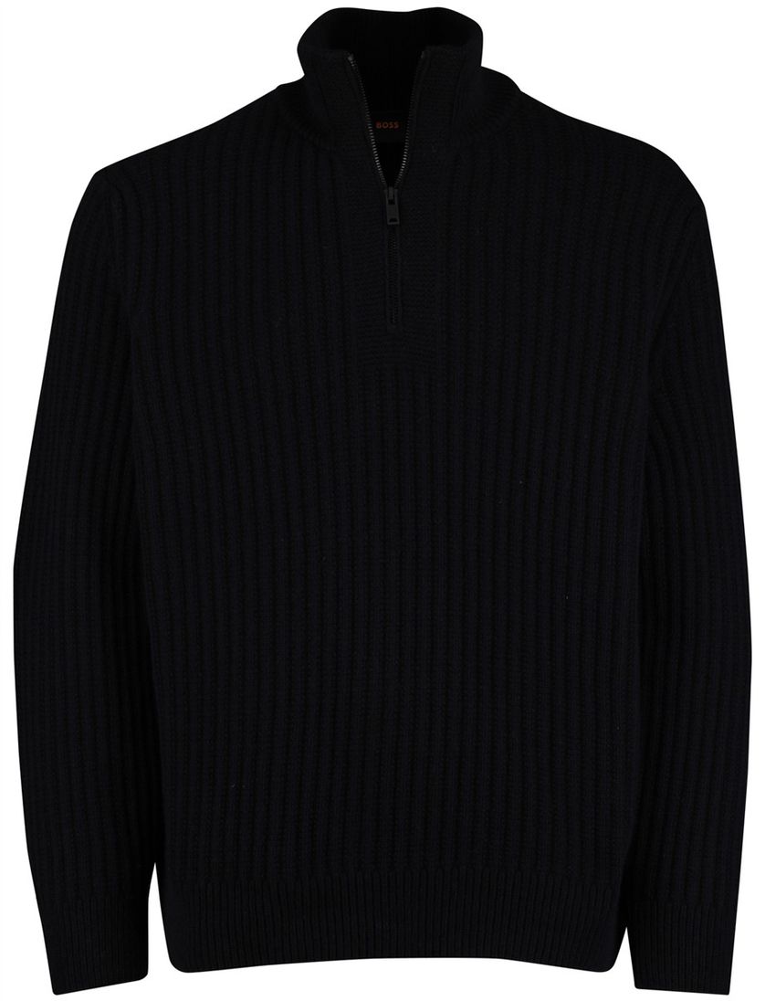 Boss Orange Trui Half Zip Zwart wol grof gebreid