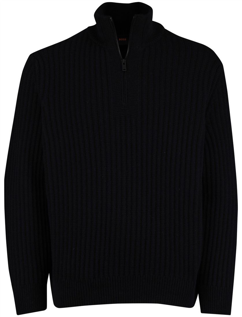 Boss Orange Trui Half Zip Zwart wol grof gebreid