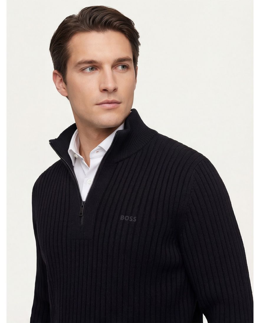 Boss Orange Trui Half Zip Zwart wol effen