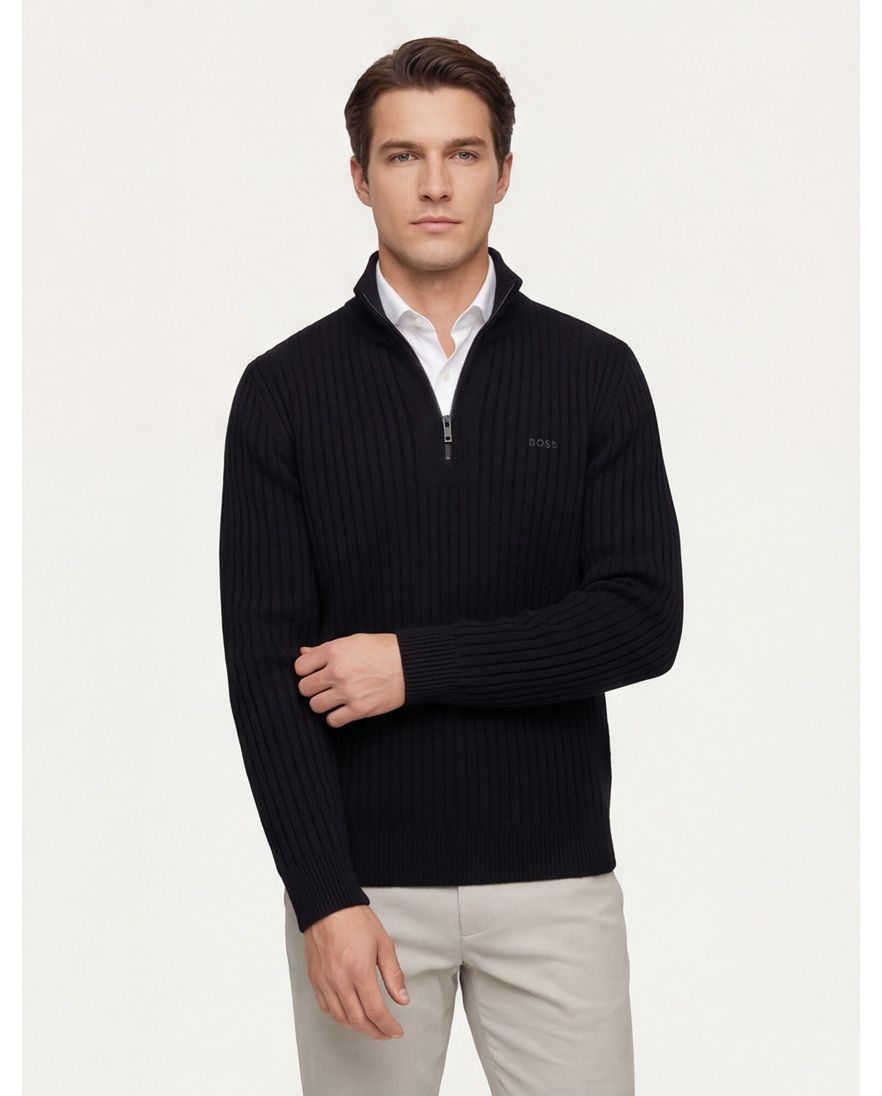 Boss Orange Trui Half Zip Zwart wol effen