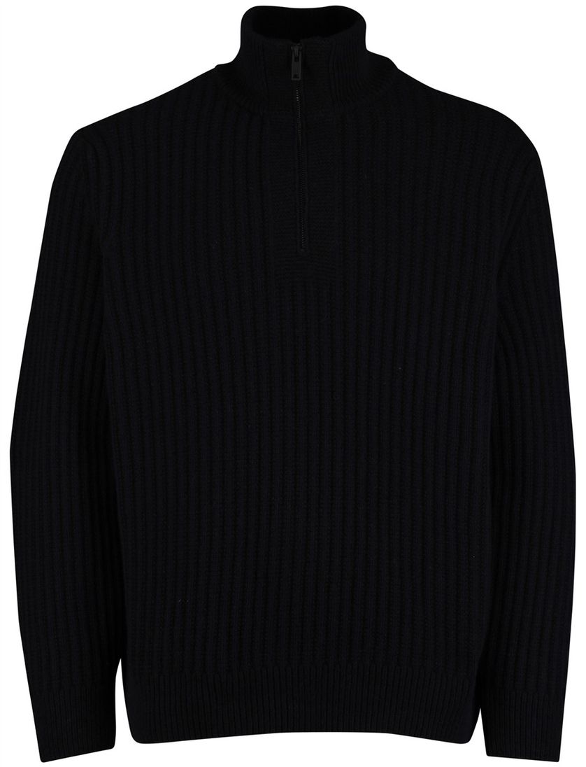 Boss Orange Trui Half Zip Zwart wol grof gebreid