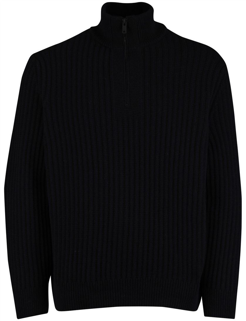 Boss Orange Trui Half Zip Zwart wol grof gebreid