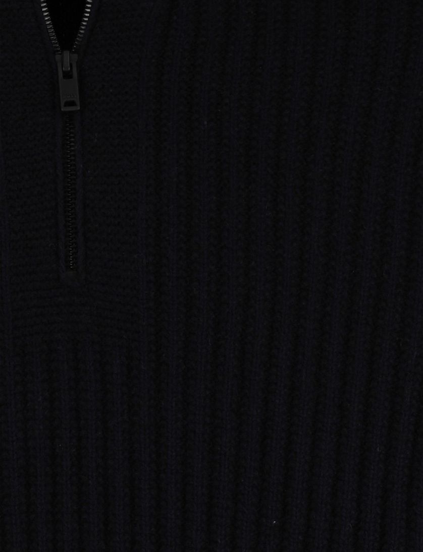 Boss Orange Trui Half Zip Zwart wol grof gebreid