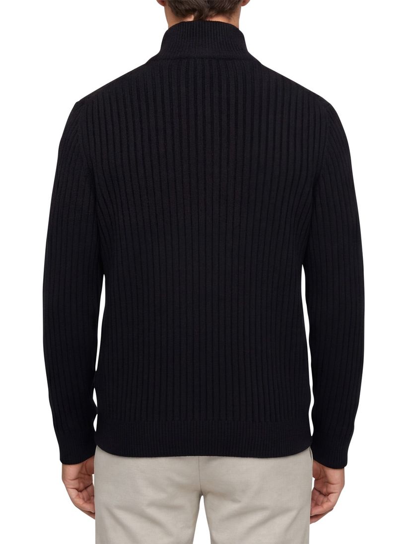 Boss Orange Trui Half Zip Zwart wol grof gebreid