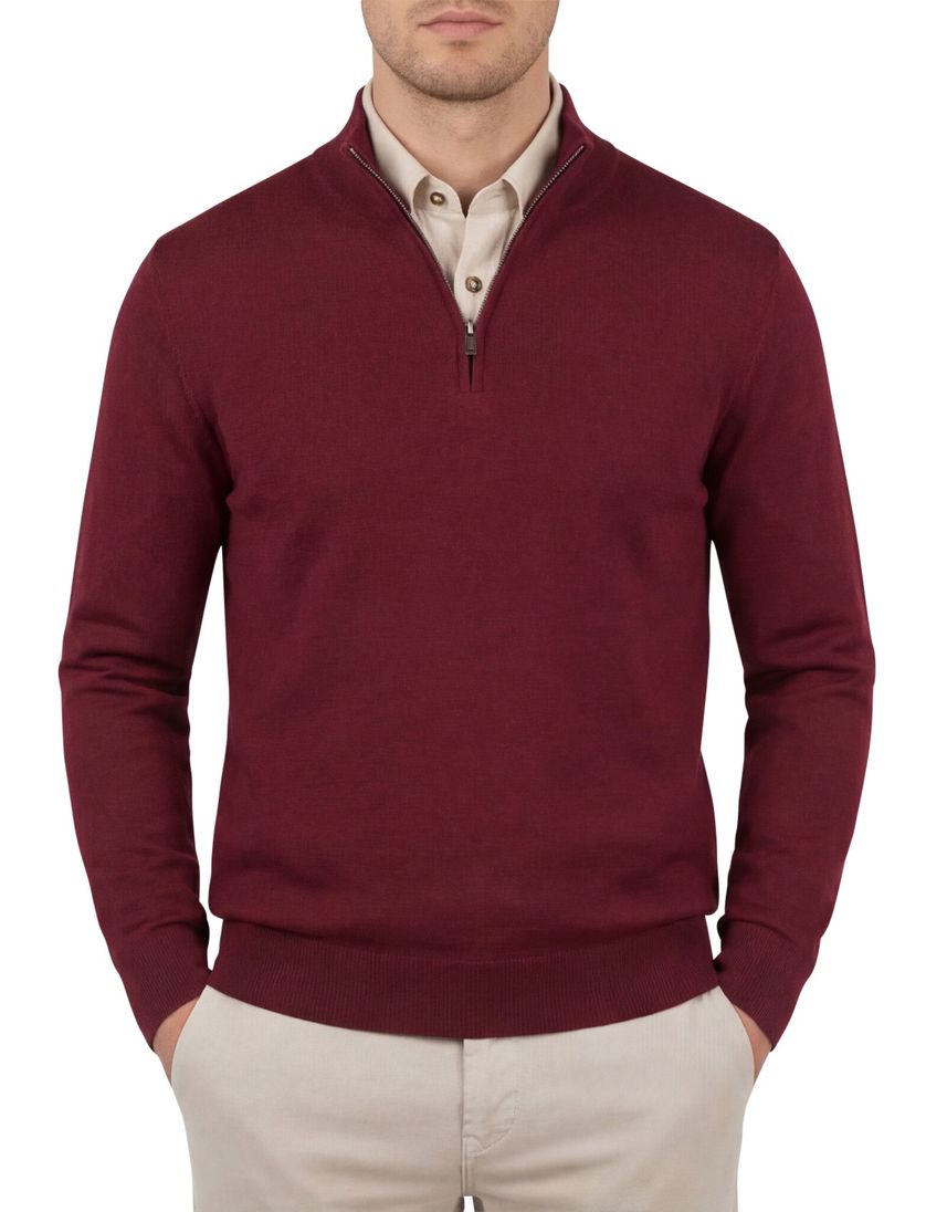 Boss Black Ebenji trui rood half zip effen lamswol