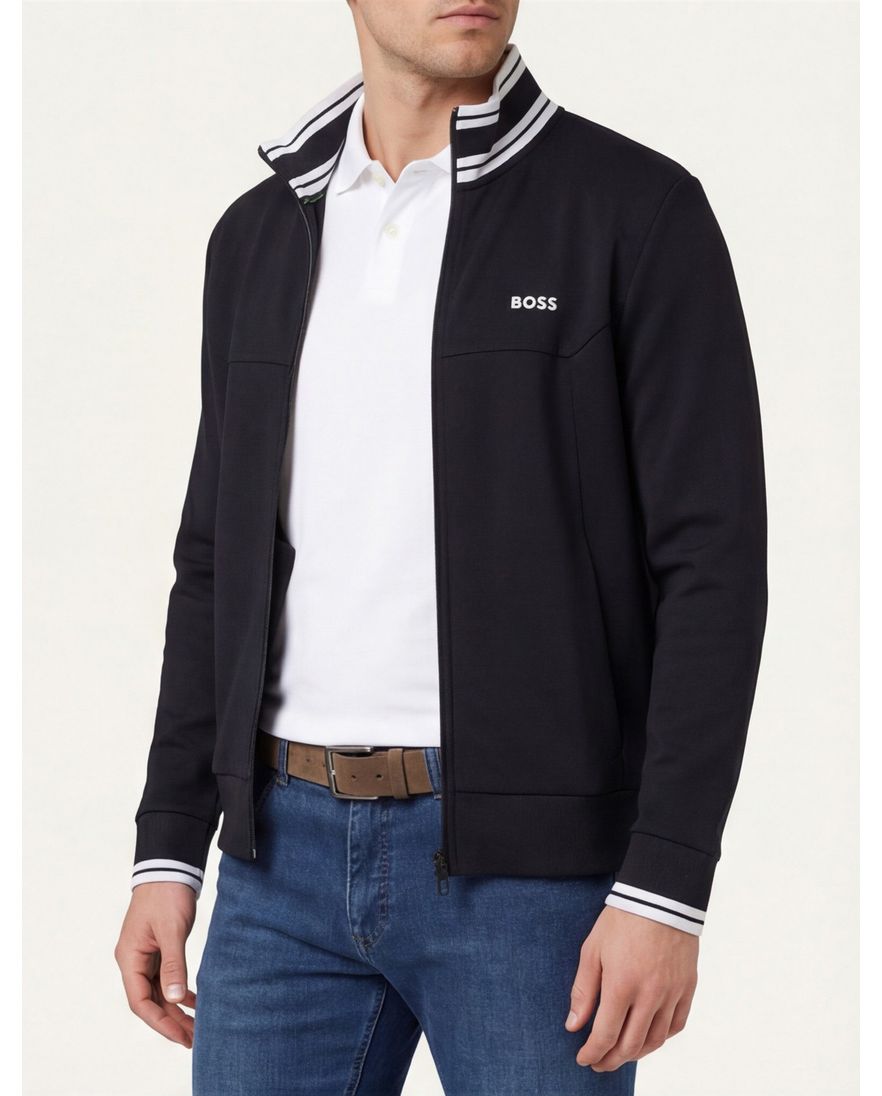 Boss Green Vest donkerblauw witte opstaande kraag effen