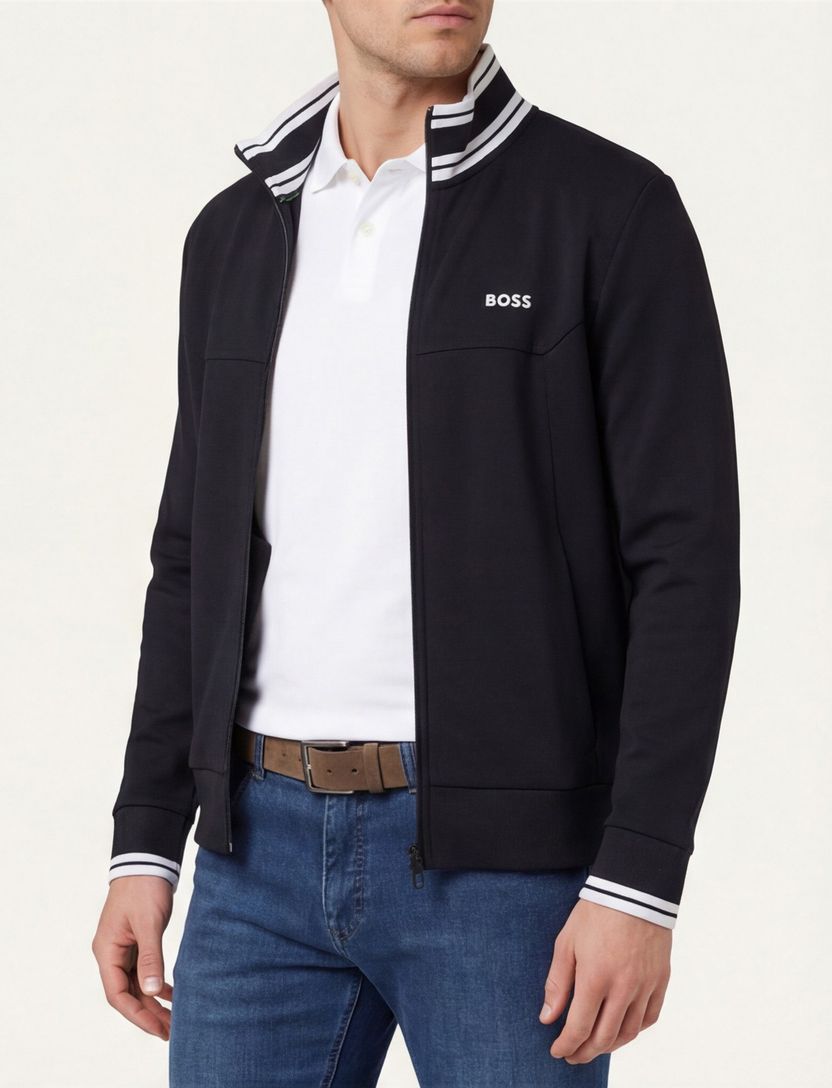 Boss Green Vest donkerblauw witte opstaande kraag katoen