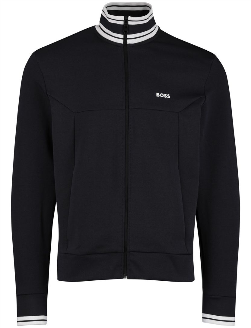 Boss Green Vest donkerblauw witte opstaande kraag katoen