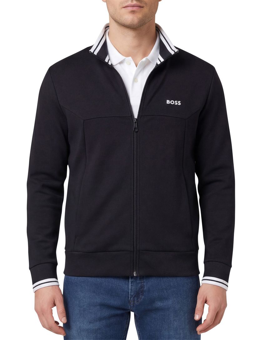 Boss Green Vest donkerblauw witte opstaande kraag katoen