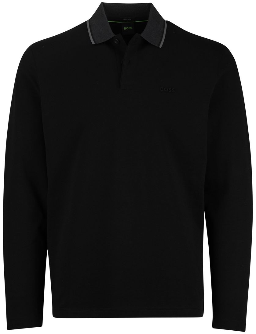 Boss Green Plisy polo lange mouw katoen effen zwart