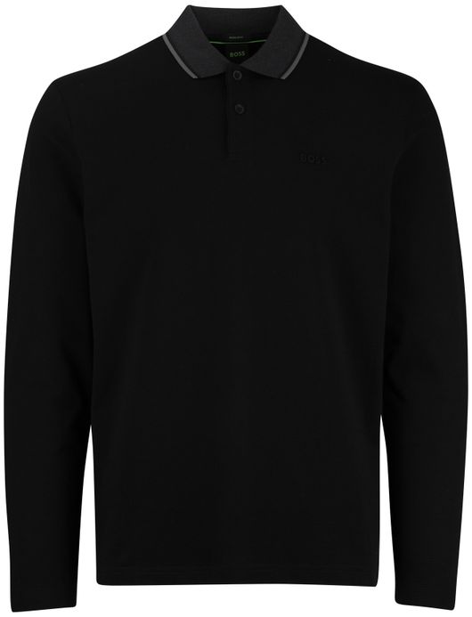 Boss Green Plisy lange mouwe polo zwart effen katoen