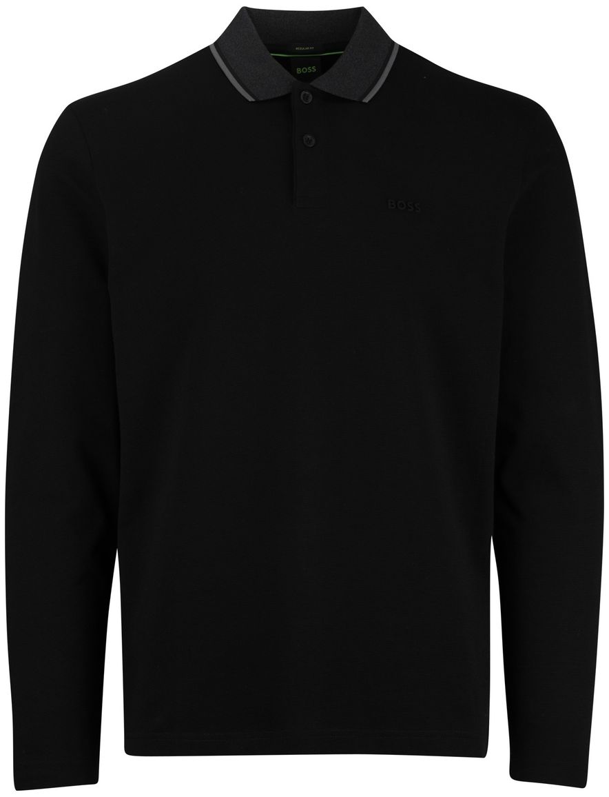 Boss Green Plisy lange mouwe polo zwart effen katoen