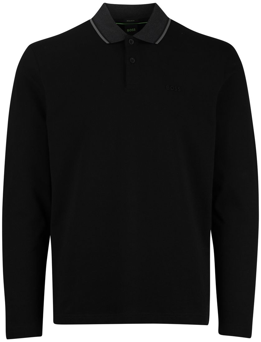 Boss Green Plisy polo lange mouw katoen effen zwart