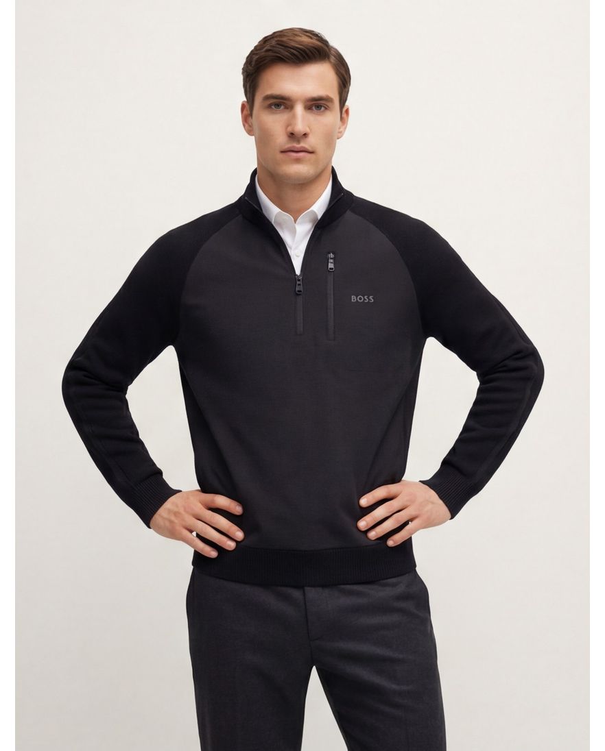 Boss Green Civic trui half zip effen zwart normale fit