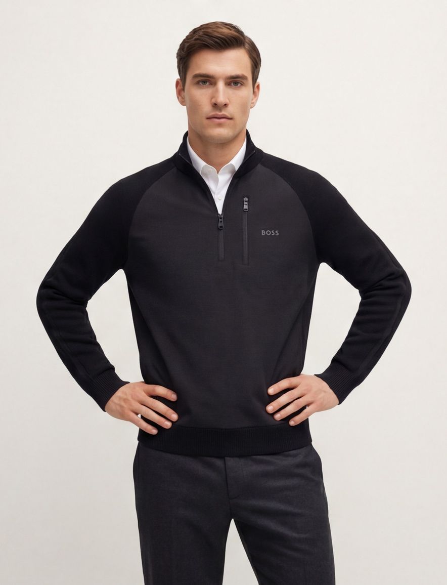 Boss Green Civic trui half zip effen zwart normale fit