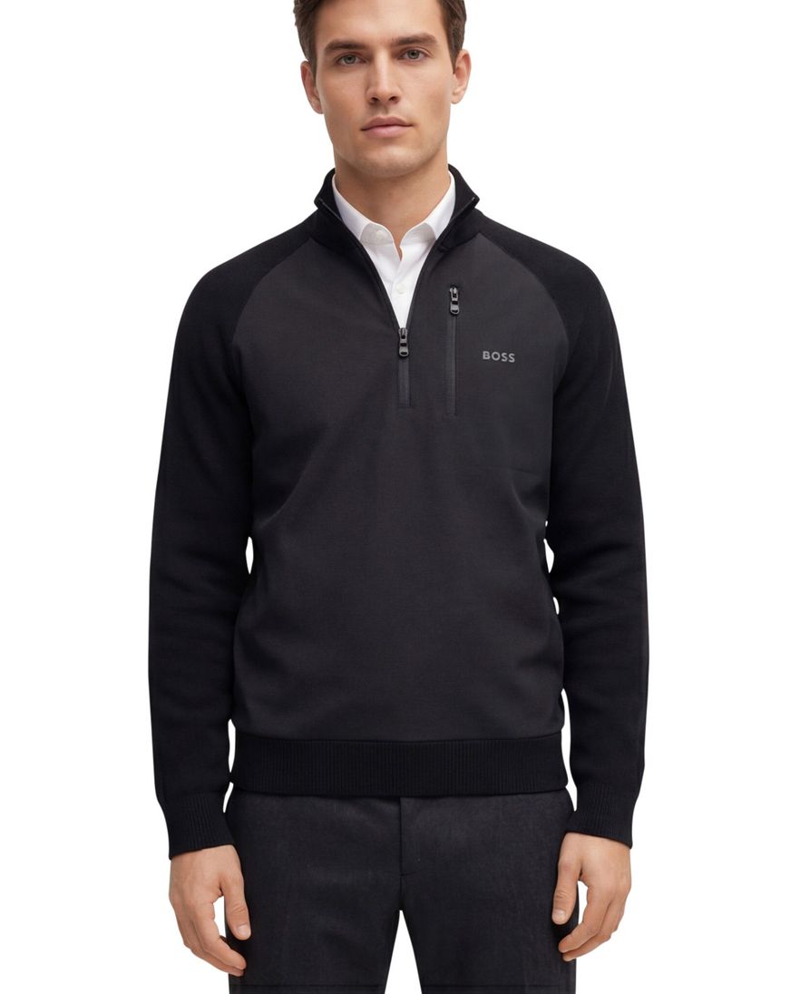 Boss Green Civic trui half zip effen zwart normale fit