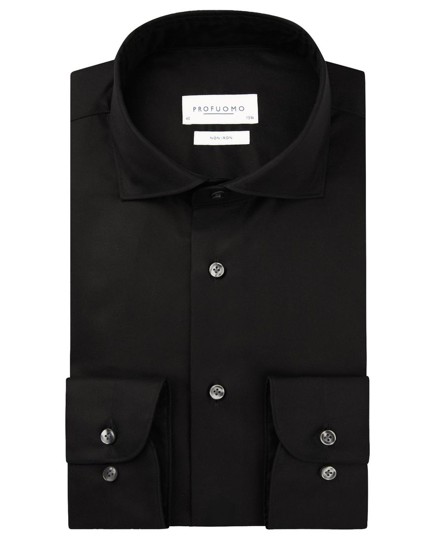 Profuomo zwart two ply twill overhemd wide collar